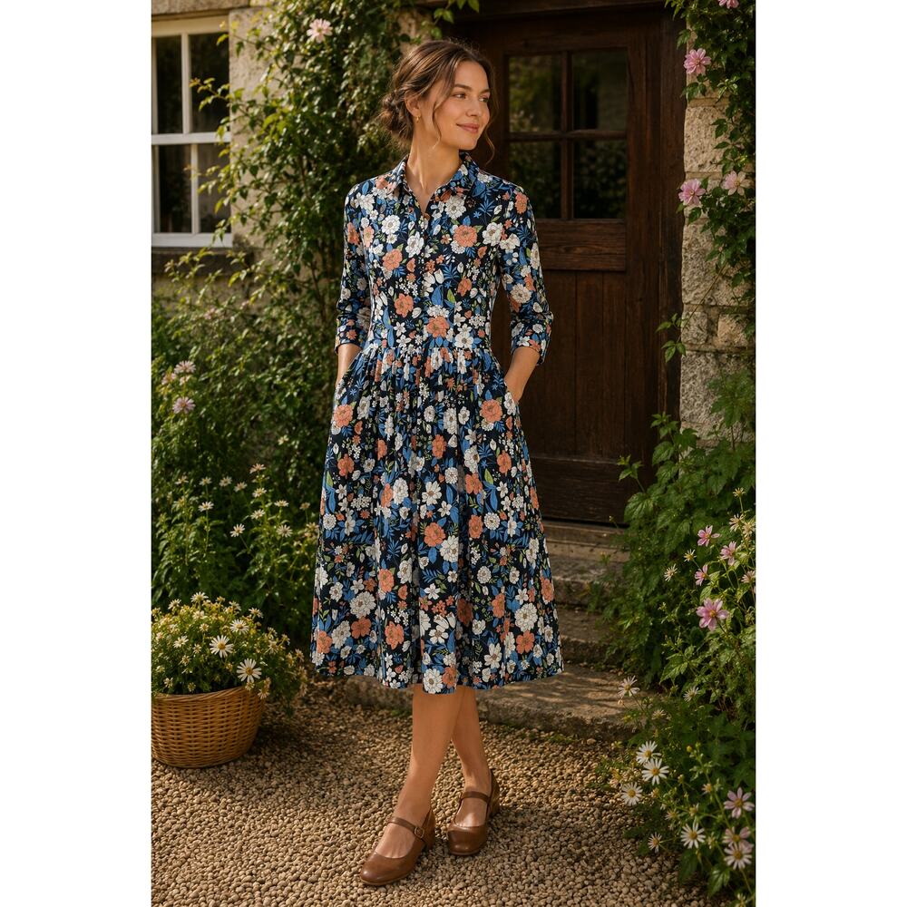 Hearts and Found Vintage Inspired Floral Cottagecore Quarter Sleeve Midi Dress